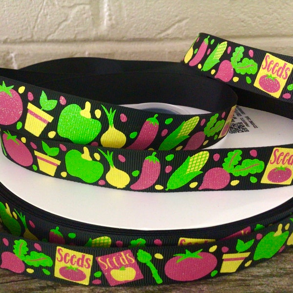 7/8” Vegetable Garden on Black Grosgrain Ribbon