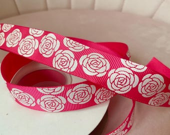 7/8" White Roses on Shocking Pink Grosgrain Ribbon By The Yard