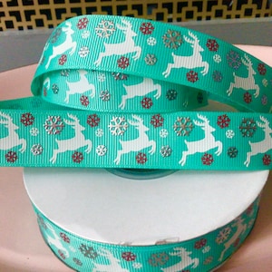 7/8” Christmas Reindeer and Snowflakes on Tropic Grosgrain Ribbon