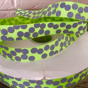 7/8” Grey Glitter Dots on Lime Green Grosgrain Ribbon