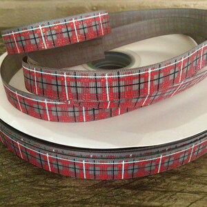 5/8” Grey and Red Plaid Grosgrain Ribbon