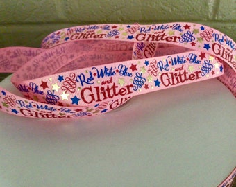 7/8” Patriotic Red White Blue and Glitter on Pink Grosgrain Ribbon