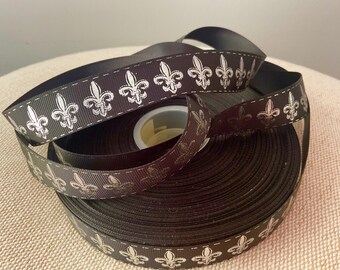 7/8” Silver Foil Fleur De Lis on Black Grosgrain Ribbon By The Yard