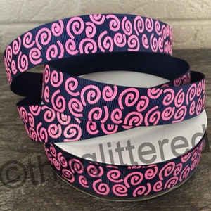 7/8” Hot Pink Wonkies on Navy Blue Grosgrain Ribbon