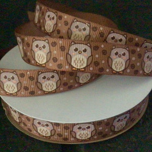 5/8” Owls on Light Brown Grosgrain Ribbon