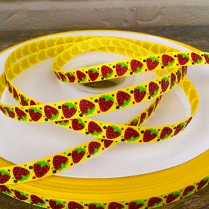 3/8” Strawberries on Yellow Grosgrain Ribbon
