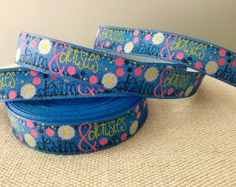 7/8" grosgrain lint denim en madeliefjes