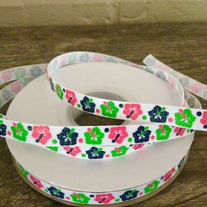 3/8” Hibiscus Flowers on White Grosgrain Ribbon