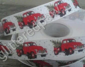 7/8" Christmas Pickup Trucks and Trees on White Grosgrain Ribbon