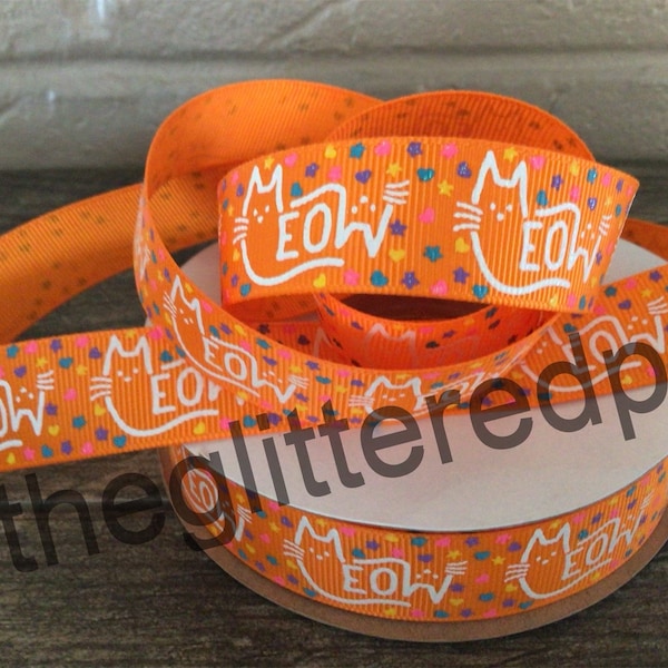 7/8” Meow on Tangerine Grosgrain Ribbon