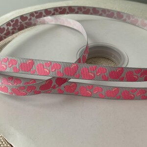 3/8&quot; Mini Pink Hearts on Light Grey Grosgrain Ribbon By The Yard