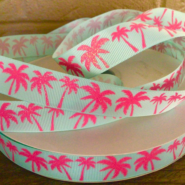 7/8” Pink Palm Trees on Light Aqua Grosgrain Ribbon