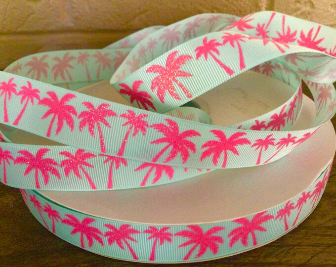 7/8” Pink Palm Trees on Light Aqua Grosgrain Ribbon - Etsy UK