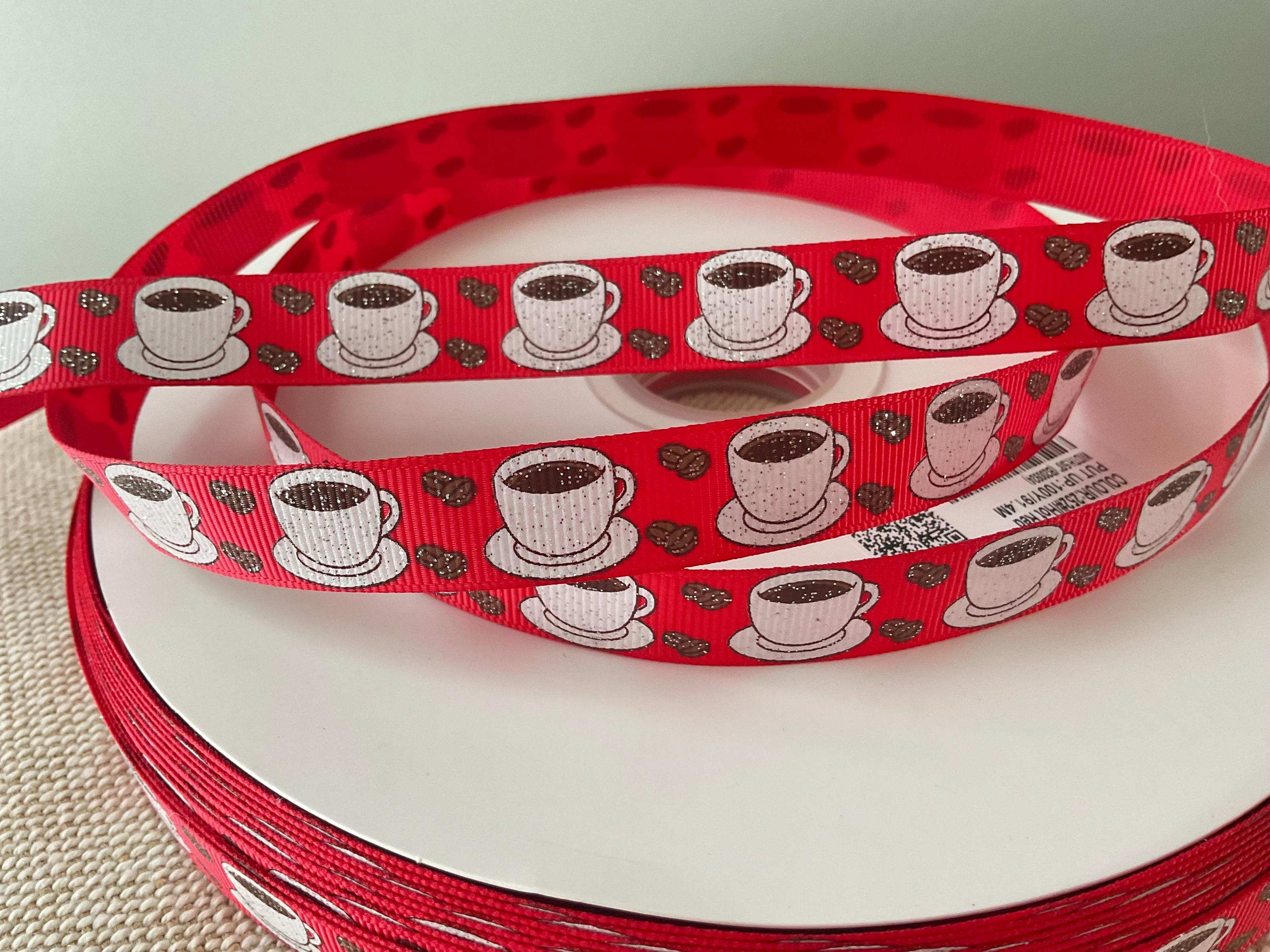 Coffee Dessert Printed Grosgrain Ribbon - White Cafe Treat Design Craft Ribbon Per Yard