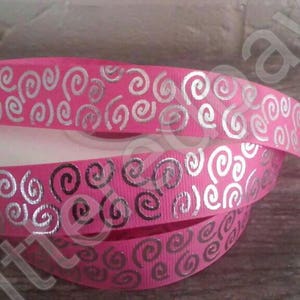 7/8&quot; Silver Foil Wonkie Swirls on Pink Grosgrain Ribbon