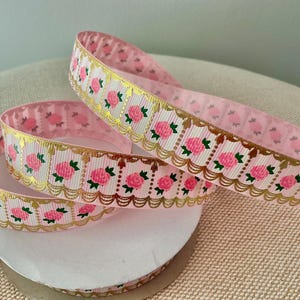 7/8”  Victorian Pink Roses on Pink and White Stripes Grosgrain Ribbon By The Yard