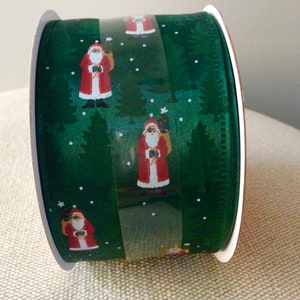2 1/2” Christmas Santa on Green Satin  Wired Ribbon Roll