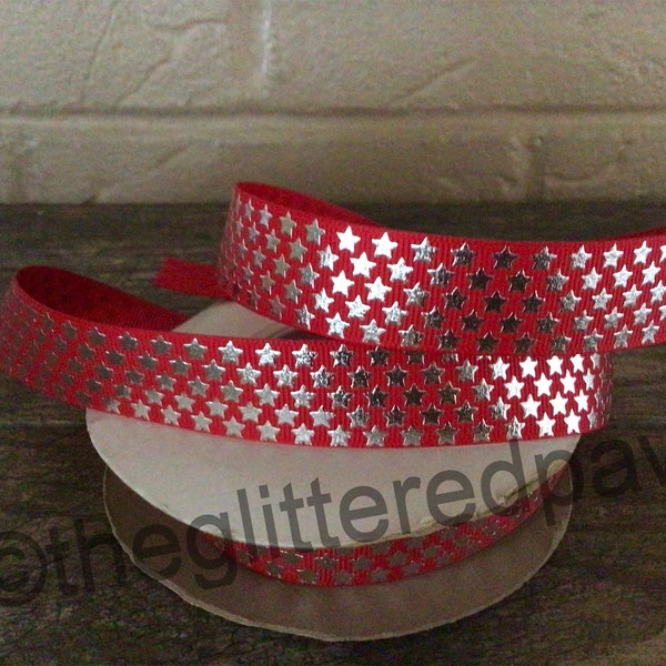 7/8” Patriotic Mini Foil Stars on Red Grosgrain Ribbon