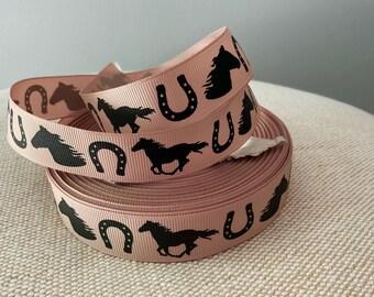7/8” Horses and Horseshoes on Tan Grosgrain Ribbon