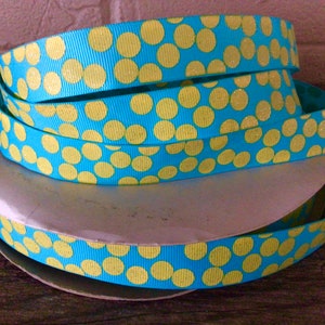 7/8” Yellow Glitter Dots on Aqua Grosgrain Ribbon