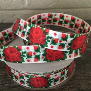 7/8” Red Roses on White Grosgrain Ribbon