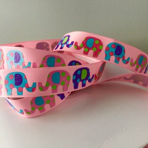7/8” Elephants on Pink Grosgrain Ribbon