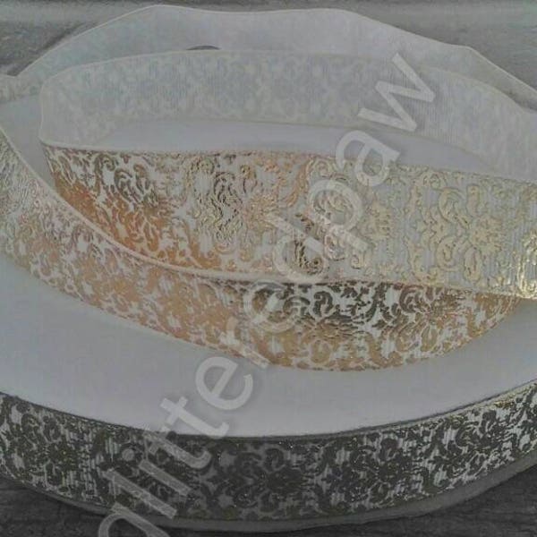 7/8" Gold Foil Damask on Cream Grosgrain Ribbon