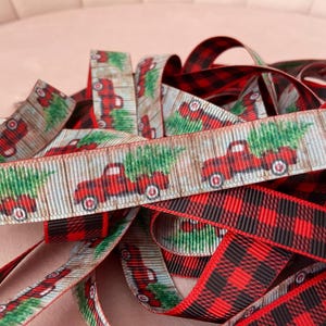 5/8”:Christmas Buffalo Plaid Red Trucks and Trees on Grey Grosgrain Ribbon By The Yard
