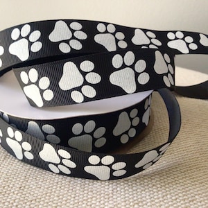 7/8” White Glitter Paw Prints on Black Grosgrain Ribbon