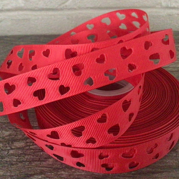 7/8” Valentine Red Cut Out Heart Grosgrain Ribbon