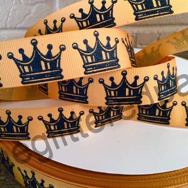 7/8”  Black Glitter Crowns on Old Gold Grosgrain Ribbon