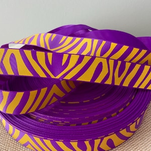 7/8” Gold Zebra Print on Purple Grosgrain Ribbon By The Yard