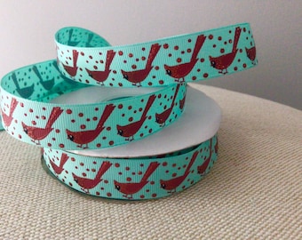 7/8" Red Cardinals on Tropic Grosgrain Ribbon