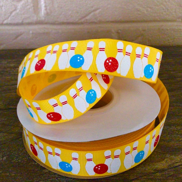 7/8” Bowling Theme on Yellow Grosgrain Ribbon