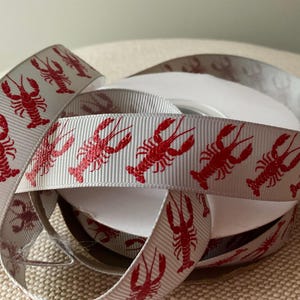 7/8” Nautical Red Lobsters on Grey Grosgrain Ribbon By The Yard