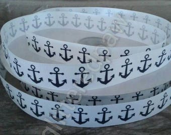 7/8" Nautical Navy Anchors on White Grosgrain Ribbon