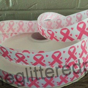 7/8” Breast Cancer Awareness Ribbon on White Grosgrain Ribbon