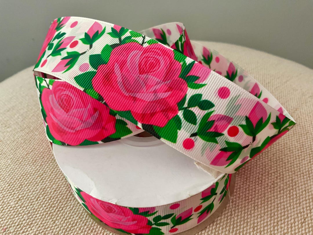 1.5” Shocking Pink Roses on White Grosgrain Ribbon by the Yard - Etsy