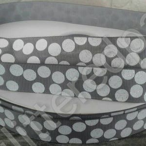 7/8&quot; White Glitter Dots on Grey Grosgrain Ribbon