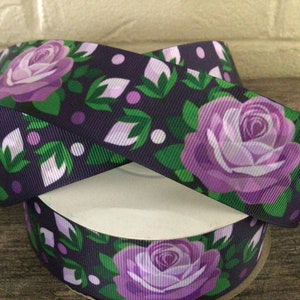 1.5” Purple Roses on Deep Purple Grosgrain Ribbon