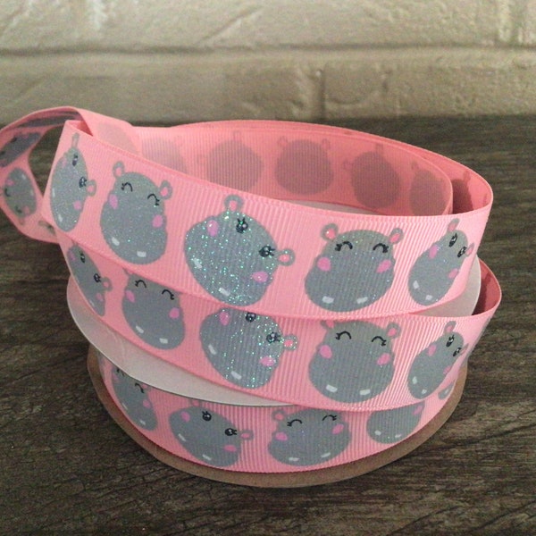 7/8” Hippos on Pink Grosgrain Ribbon