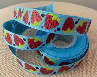 7/8” Strawberries on Blue Grosgrain Ribbon By The Yard