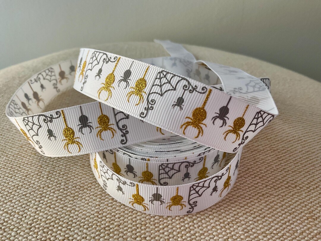 Spider Ribbon 7/8” Halloween Spiders and Webs on White Grosgrain Ribbon by the Yard ...