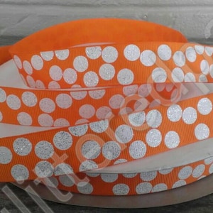 7/8&quot; White Glitter Dots on Orange Grosgrain Ribbon