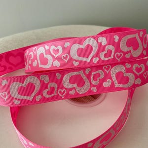7/8&quot; Valentine White Hearts on Hot Pink Grosgrain Ribbon By The Yard
