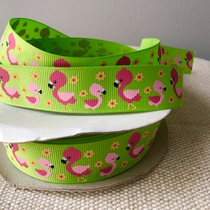 7/8” Pink Flamingos on Lime Green Grosgrain Ribbon