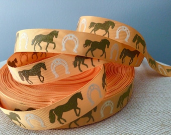 7/8” Horses and Horseshoes on Gold Grosgrain Ribbon