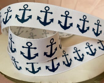 7/8" Nautical Navy Anchors on White Grosgrain Ribbon By The Yard