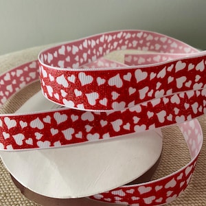 7/8&quot; Valentine&#39;s Red and White Glitter Hearts Grosgrain Ribbon By The Yard