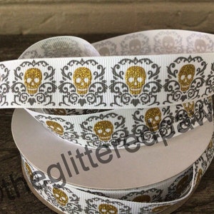 7/8” Halloween Skulls on White Grosgrain Ribbon